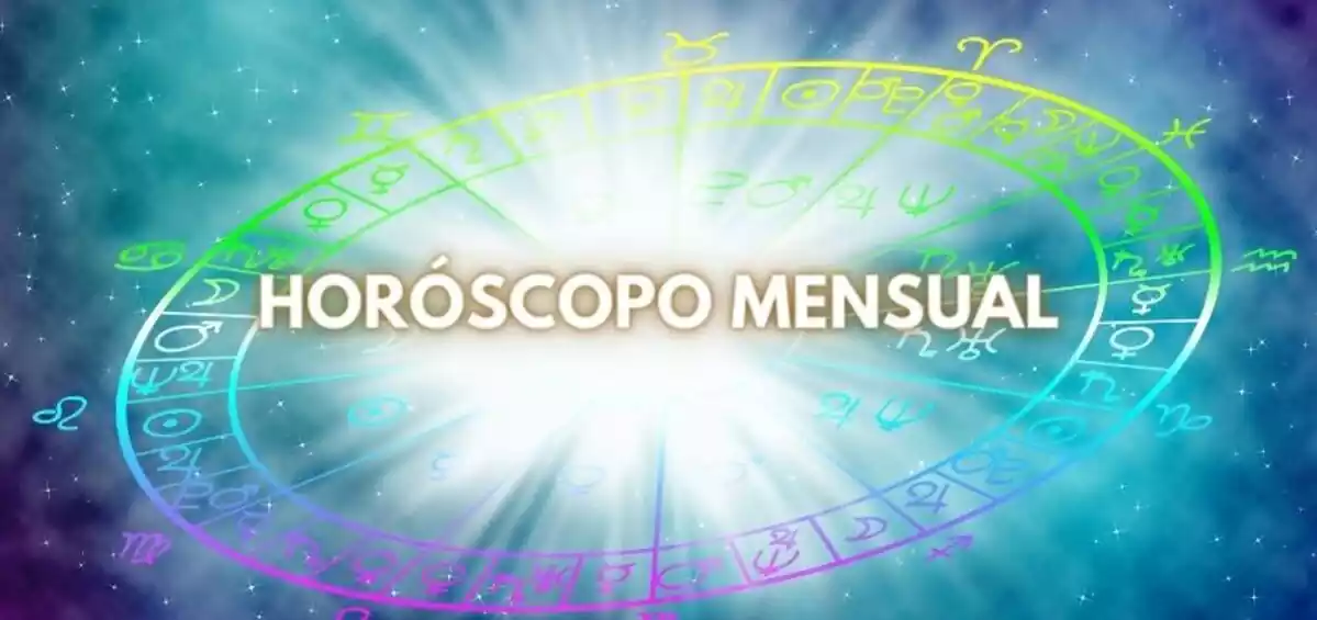 Una rueda zodiacal sobre unas estrellas y las letras ''Horóscopo Mensual''